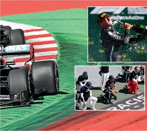  ?? GETTY IMAGES/AP ?? Valtteri Bottas sweeps around a bend while leading the Austrian Grand Prix yesterday before celebratin­g the eighth F1 win over his career, inset above. Inset below, his Mercedes teammate Lewis Hamilton, centre, and other drivers take a knee before the race.