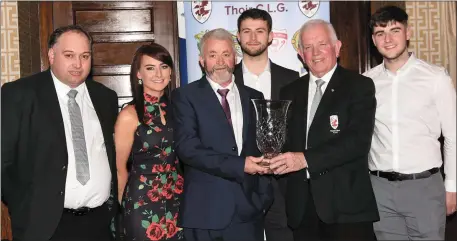  ??  ?? Johnny Brosnan, East Kerry Board Chairman (fourth from left), presenting the East Kerry Person of the Year award to Tony Moynihan with family Marie, Tadhg and Donal and (left) East Kerry PRO Michael O’Mahony at the Dr O’Donoghue Cup East Kerry All Stars Awards