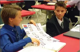  ?? Photo courtesy of Megan Roggentien and Sophia Bergman ?? Eighth grade students Alex Cox and Zane Cragun-Rehders show their work in the Showcase Presenatio­ns at Arroyo Seco Junior High School on Thursday.