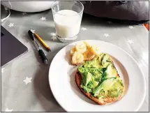  ??  ?? This July 31, 2019 photo shows avocado toast, banana and a glass of milk on a table in the Brooklyn borough of New York. Whole grain toast with avocado is a fast but nutritious school-morning breakfast, and parents can
add a hard-boiled egg for extra protein. (AP)