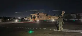  ?? — AFP photo ?? Handout picture by the Israeli army shows a military helicopter landing at the Sheba Medical Centre inside the Tel Hashomer Hospital in Ramat Gan following the rescue of two hostages in Rafah.