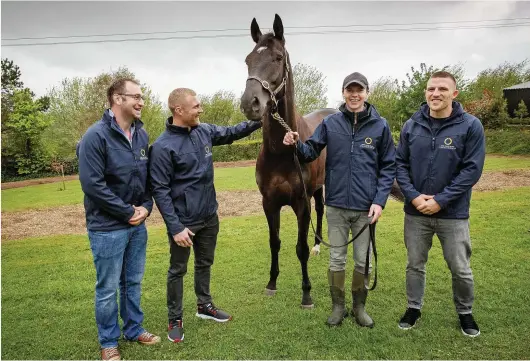  ?? RYANBYRNE/INPHO ?? Former Munster player Johne Murphy, Keith Earls and Andrew Conway visited the yard of Joseph O’Brien (second from right) in Piltown, Co Kilkenny, to see Apparition as part of Horse Racing Ireland’s ‘Experience it’ campaign which promotes racehorse...