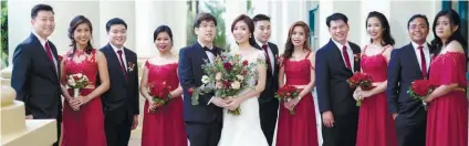  ??  ?? THE WEDDING ENTOURAGE. From left are Chester Cheng, Evangeline Hayco, Marvin Asuncion, Kristina Dosdos, the couple, Charles Lincoln, Erika Hayco, Albert Lim, Evonne Hayco, Jose Jota III and Ann Marice Uy.