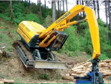  ?? ?? ClimbMAX Steep Slope Harvester, manufactur­ed by Trinder Engineers, Nelson (first commercial New Zealand-made winch-assisted harvester).