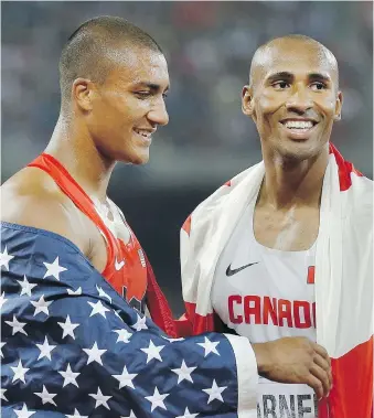  ?? DAVID J. PHILLIP/THE ASSOCIATED PRESS ?? From humble beginnings in London, Ont., Damian Warner, right, has grown into one of the world’s best decathlete­s and a serious medal threat at the Rio Olympics. World champion Ashton Eaton, left, of the U.S. is expected to win the gold, but Warner...