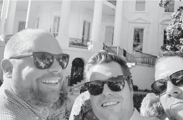  ?? TWITTER.COM/JOELGREENB­ERGTC ?? Then-Seminole County Tax Collector Joel Greenberg, U.S. Rep. Matt Gaetz and lobbyist Chris Dorworth pose together outside the White House during a visit in 2019.