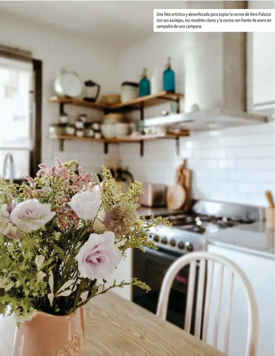  ??  ?? Una foto artística y desenfocad­a para espiar la cocina de Vero Palazzo con sus azulejos, los muebles claros y la cocina con frente de acero en compañía de una campana.