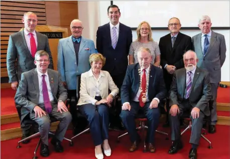  ??  ?? Chairman of Yeats Society, Chris Gonley, former President Damien Brennan, Cllr Tom MacSharry, Cllr Rosaleen O’Grady, Donal Tinney, County Librarian, former President Joe Cox, Mayor of Sligo MD Cllr Hubert Keaney, former President Maura McTighe,...