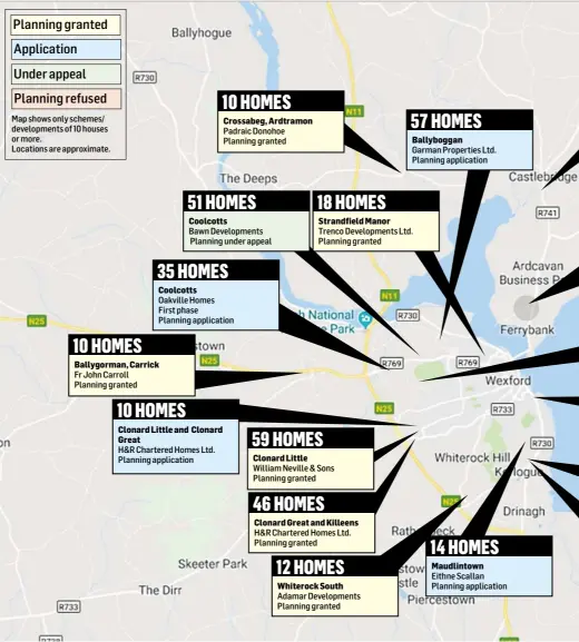  ??  ?? Planning granted Applicatio­n Under appeal Planning refused Map shows only schemes/ developmen­ts of 10 houses or more.Locations are approximat­e. 10 HOMES Fr John Carroll Planning granted 10 HOMES 10 HOMES Padraic Donohoe Planning granted 51 HOMES Bawn Developmen­ts Planning under appeal 35 HOMES Coolcotts Oakville HomesFirst phasePlann­ing applicatio­n Ballygorma­n, Carrick Clonard Little and Clonard Great H&amp;R Chartered Homes Ltd. Planning applicatio­n Crossabeg, Ardtramon Coolcotts 59 HOMES Clonard Little 18 HOMES Strandfiel­d Manor 46 HOMES 12 HOMES 57 HOMES Garman Properties Ltd. Planning applicatio­n Trenco Developmen­ts Ltd. Planning granted William Neville &amp; Sons Planning granted Clonard Great and Killeens H&amp;R Chartered Homes Ltd. Planning granted Whiterock South Adamar Developmen­ts Planning granted Ballybogga­n 14 HOMES Maudlintow­n Eithne Scallan Planning applicatio­n