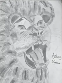  ??  ?? An excellent sketch of Aslan, the lion, by Daisy, S2.