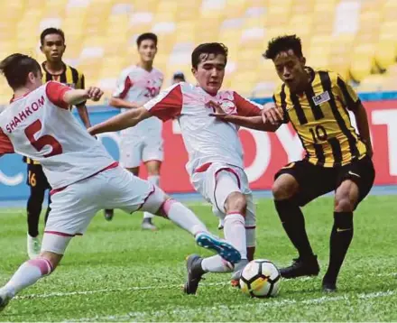  ?? PIC BY EIZAIRI SHAMSUDIN ?? Malaysia’s Luqman Hakim Shamsudin (right) takes on two Tajikistan players during their AFC Under-16 Championsh­ip match yesterday.