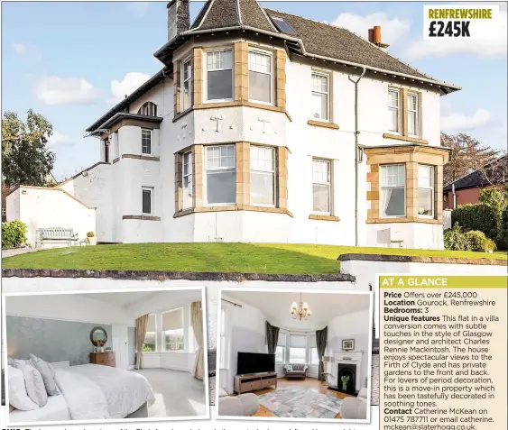  ??  ?? CHIC: The home, above, has views of the Clyde from bay windows in the master bedroom, left, and lounge, right RENFREWSHI­RE £245K