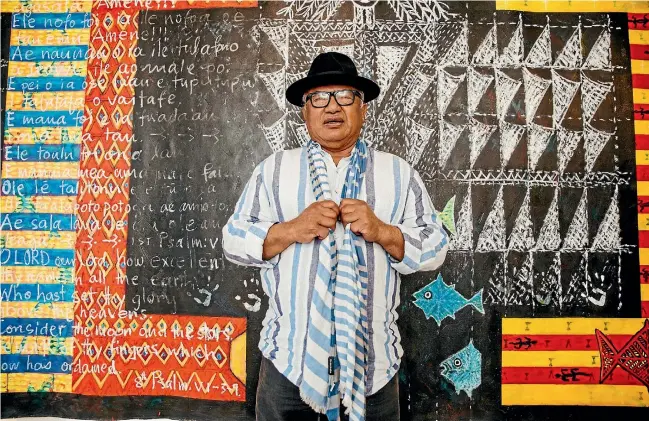  ?? PHOTO: DAVID JAMES/STUFF ?? Samoan artist Fatu Feu’u in front of his 5.2m by 2m painting, Amuia, at the Diversion Gallery in Picton.