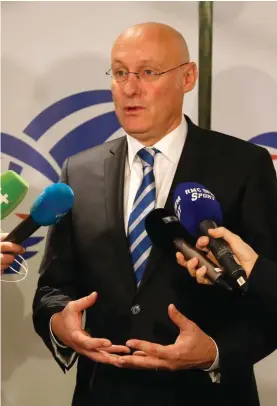  ??  ?? French Rugby Federation President Bernard Laporte gestures as he speaks during a media conference in Paris, France, yesterday.