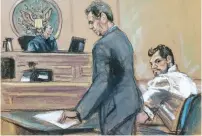  ?? (Jane Rosenberg/Reuters) ?? MEHMET HAKAN ATILLA (right), a deputy general manager of Halkbank, is shown in this court sketch with his attorney, Gerald J. DiChiara, as he appears before Judge James C. Francis IV in Manhattan federal court on Tuesday.