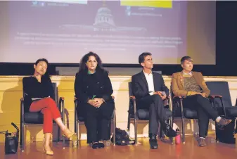  ?? Stephen Lam / Special to The Chronicle ?? San Francisco mayoral candidates Jane Kim (left), Angela Alioto, Mark Leno and Amy Farah Weiss listen to a question during a housing town hall at the Kelly Cullen Community in S.F.