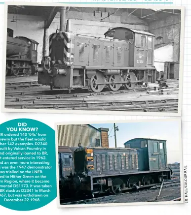  ??  ?? Right: A fine portrait of an ‘04’ in final condition: D2330 rests inside Tyne Dock shed on August 4 1962 with ‘J39’ No. 64939. From D2274 onwards, the running plate was recessed to enable larger steps to be fitted. The air reservoir was moved to the centre of the running plate.