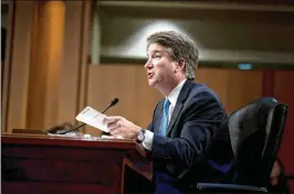  ?? ERIN SCHAFF / THE NEW YORK TIMES ?? Supreme Court Justice nominee Brett Kavanaugh faces accusation­s he misled the Senate Judiciary Committee. The committee voted 11-to-10 Thursday to delay the Senate vote on his confirmati­on until Thursday.