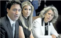  ?? SAUL LOEBSAUL LOEB/GETTY IMAGES ?? Prime Minister Justin Trudeau speaks alongside Ivanka Trump, centre, daughter of U.S. President Donald Trump, and Dawn Farrell, right, President and CEO of TransAlta Corporatio­n, during a roundtable discussion on women entreprene­urs and business...