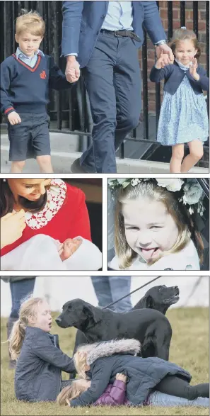  ?? PICTURES: PA WIRE. ?? YOUNG FUN: Prince George and Princess Charlotte arriving at St Mary’s Hospital in London, following the birth of their younger brother; the Duchess of Cambridge with her newborn son, Prince Louis; Princess Charlotte sticking out her tongue; Savannah Phillips (left) has often got into mischief.