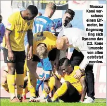  ??  ?? Moussa Koné verschoss einen Elfmeter, im Gegenzugfi­ng sich Dynamo das 2:2. Konemusste von allen getröstet werden.