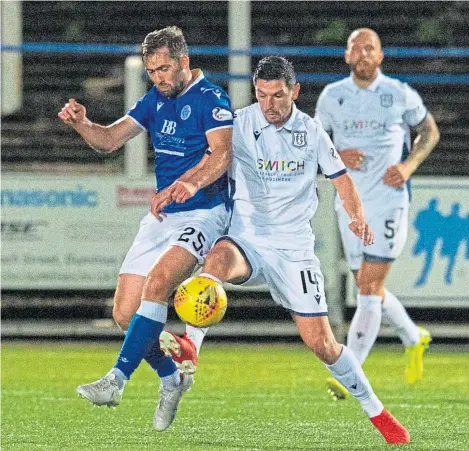  ??  ?? Left: Jordan Mcghee (number three) flashes a header into the Queen of the South net to equalise; above: Dundee’s Graham Dorrans wins the ball from Queens’ Michael Paton. Pictures: SNS Group.