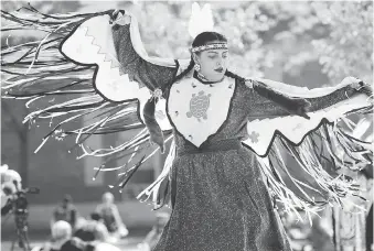  ?? NICK BRANCACCIO ?? Shelby Lynn Soney performs the Butterfly Dance — or Fancy Dance — on Thursday during the official dedication of Turtle Island Walk on the pedestrian corridor at the University of Windsor.