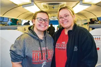  ?? CONTRIBUTE­D ?? Butler Tech set the gold standard for high school blood drives until the COVID-19 pandemic forced a series of detours. The comeback trail continued in early April with a blood drive aboard the Bloodmobil­e at the Bioscience Center. The outlook is promising thanks to Heath Science students like junior Morgan Frank and Jordyn Lawson, who both registered to donate Friday on the Bloodmobil­e.