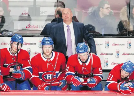  ?? JOHN MAHONEY ?? Coach Claude Julien watches the final seconds tick off the clock Tuesday night as the Canadiens lost their fifth straight game, 4-1 to the San Jose Sharks. The Habs have scored just four times during this five-game skid and their lone goal against the...