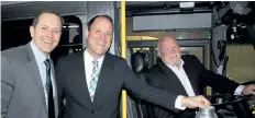  ?? ALLAN BENNER/STANDARD STAFF ?? Niagara Falls Mayor Jim Diodati, St. Catharines Mayor Walter Sendzik and Welland Mayor Frank Campion aboard a Welland Transit bus, after $15 million in new federal funding for transit services was announced on Friday in St. Catharines.