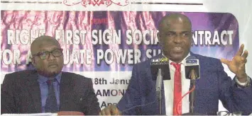  ??  ?? President, Good Governance Initiative (GGI), Festus Uzoma Mbisiogu (right), and Public Relations Officer, Chigozie Nwadike, at a press briefing on fixing Nigeria’s power challenge through a new national energy policy and wooing of foreign investors in Lagos.