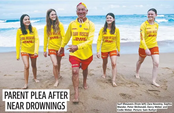  ?? ?? Surf lifesavers (from left) Zara Novotny, Sophia Mander, Peter McDonald, Darcy Weber and Codie Weber. Picture: Sam Ruttyn