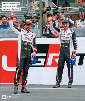  ??  ?? Alonso and Buemi celebrate their moment of triumph