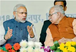  ?? —PTI ?? Prime Minister Narendra Modi and Haryana chief minister Manohar Lal Khattar during 'Jan Vikas Rally', at Sultanpur village, in Gurugram, Monday.