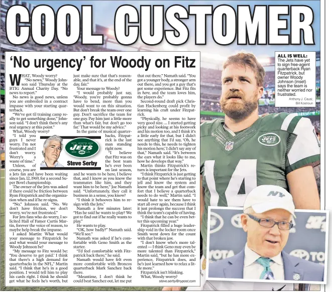 ?? Anthony J. Causi; Bill Kostroun ?? ALL IS WELL: The Jets have yet to sign free-agent quarterbac­k Ryan Fitzpatric­k, but owner Woody Johnson (inset) says the team is neither worried nor frustrated.