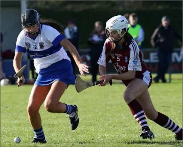  ??  ?? Katie O’Connor (St. Martin’s) about to close down Niamh Hetherton (St. Vincent’s).