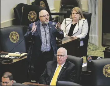  ?? THE OKLAHOMAN VIA AP ?? Rep. Justin Humphrey, R-Lane urges lawmakers to vote yes on House Bill 4327 during debate in the House of Representa­tives at the state Capitol in Oklahoma City, on Thursday.