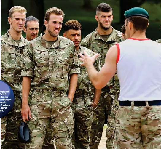  ??  ?? Tough talking: a Marine gives England players Joe Hart, Harry Kane, Alex Oxlade-Chamberlai­n, Fraser Forster and Tom Heaton their instructio­ns