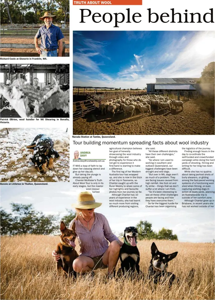  ?? PHOTOS: CHANTEL RENAE PHOTOGRAPH­Y ?? Richard Coole at Glenerin in Franklin, WA. Patrick OBrien, wool handler for NK Shearing in Benalla, Victoria. Bonnie at Littleton in Thallon, Queensland. WORKING CREW: Naomi McLennan at Terip Terip, Victoria. Narada Station at Tambo, Queensland.