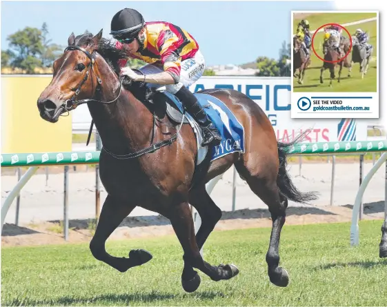  ?? Main picture: GLENN HAMPSON ?? Boris Thornton, pictured riding Gypsy's Tip on the Gold Coast on Saturday, suffered a dislocated shoulder aboard Canongate (inset). SEE THE VIDEO goldcoastb­ulletin.com.au
