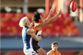  ??  ?? Jye Caldwell of the Giants contests the ball with Jasper Pittard of the Kangaroos during the Round 2 AFL match between the GWS Giants and the North Melbourne Kangaroos at Giants Stadium in Sydney on Sunday afternoon. Photograph: Brendon Thorne/AAP