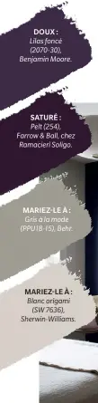  ??  ?? DOUX :
Lilas foncé (2070-30), Benjamin Moore.
SATURÉ :
Pelt (254), Farrow & Ball, chez Ramacieri Soligo.
MARIEZ-LE À : Gris à la mode (PPU18-15), Behr.
MARIEZ-LE À : Blanc origami
(SW 7636), Sherwin-Williams.