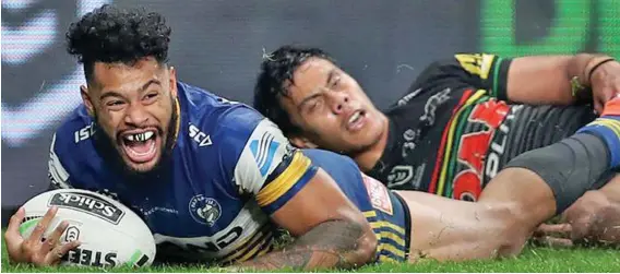  ?? Photo: NRL.ccm ?? Parramatta Eels centre Waqa Blake shows his joy for scoring the first try against Penrith Panthers at the Central Coast Stadium in New South Wales on June 12, 2020. Eels won 16-10 to remain unbeaten in the NRL.