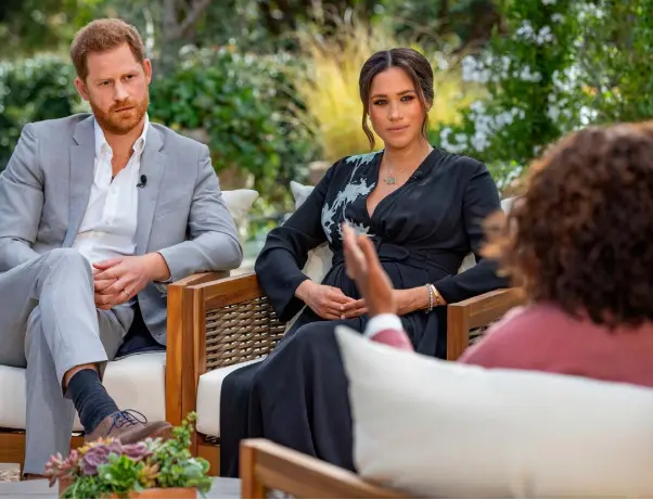  ??  ?? EXPLOSIVE: A still from the upcoming Oprah Winfrey interview with Meghan and Harry. Photo: Joe Pugliese/Harpo production­s/PA Wire