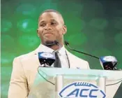  ?? CHUCK BURTON/AP ?? Miami's Jaquan Johnson said he’s hoping the Hurricanes get back to the ACC Championsh­ip again this year.