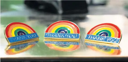 ??  ?? The ‘Thank You’ pins created by Birmingham-based Vaughtons to raise funds for the NHS Charities Together