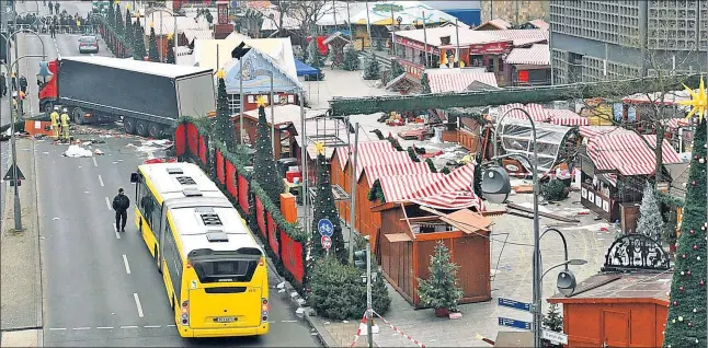  ??  ?? TRACTOR-TRAILER TERROR: Investigat­ors scour the scene Tuesday after a terrorist behind the wheel of a big rig killed a dozen people Monday night at a Berlin Christmas market.