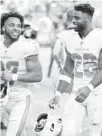  ?? DOUG MURRAY/AP ?? Dolphins running backs Myles Gaskin, left, and Salvon Ahmed have been placed on the COVID-19 reserve list.