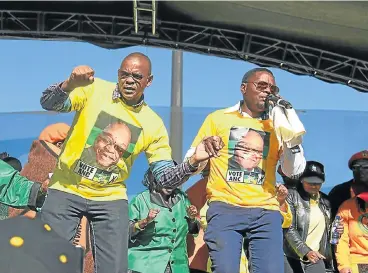  ?? /File picture ?? We’re getting there: Gospel singer Sechaba Pali with Free State Premier Ace Magashule at a previous ANC rally. The ANC in the Free State, led by Jacob Zuma ally Magashule, last night lent its support to presidenti­al hopeful Dr Nkosazana Dlamini-Zuma.