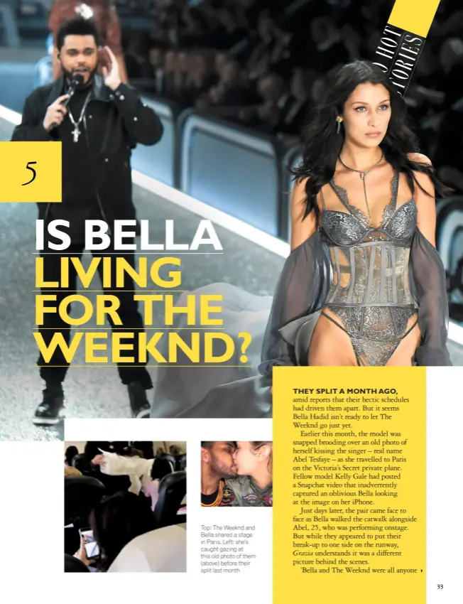  ??  ?? Top: The Weeknd and Bella shared a stage in Paris. Left: she’s caught gazing at this old photo of them (above) before their split last month